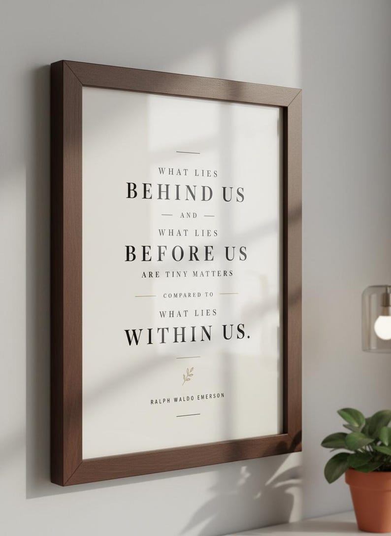 May include: A framed print with a dark brown wooden frame. The print features the quote "WHAT LIES BEHIND US AND WHAT LIES BEFORE US ARE TINY MATTERS COMPARED TO WHAT LIES WITHIN US." by Ralph Waldo Emerson, in a minimalist design.