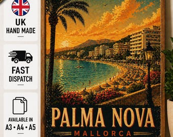 Palma Nova Mallorca Reiseplakat, Vintage Strandwandkunst, Retro mediterrane Illustration