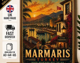 Marmaris Reiseplakat, Weinlese-Türkei-Hafen-Druck, Ägäis-Sonnenuntergang-Segelboot-Illustration
