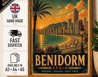 Benidorm Reiseplakat, Vintage Spanien-Strandwandkunst, Costa Blanca-Skyline-Dekor