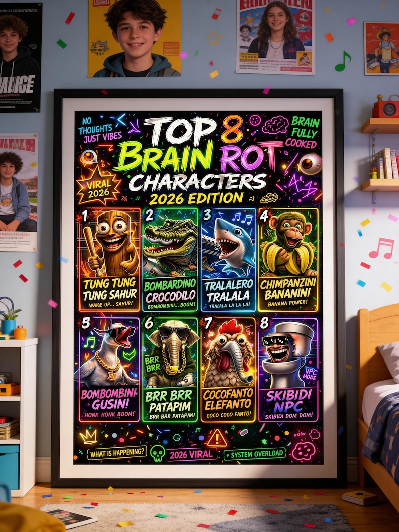 Top 8 Brain Rot Characters Poster | Viral Meme Wall Art, Neon Print ...