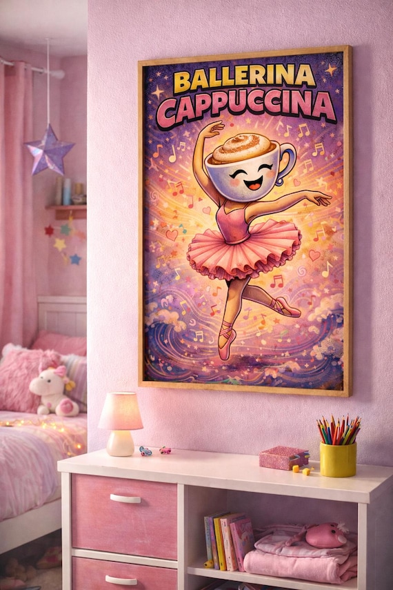 Ballerina Cappuccina Wall Art – Italian Brainrot Ballet Print for