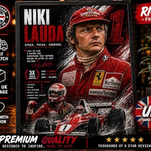 May include: A framed print of Niki Lauda, a Formula 1 racing driver. The image shows Lauda in his racing attire, a Formula 1 car, and text that reads "Speed. Focus. Courage." and "3X World Champion."