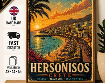 Hersonisos Crete Reiseplakat, Weinlese-Griechenland-Strandwandkunst, Sonnenuntergangs-Illustration