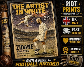 Zinedine Zidane Football Legends Poster | The Artist in White Print | Football Wall Art | Mancave Decor