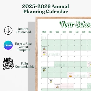 Editable 2025–2026 School Calendar | Canva Template School Year Planner |  PTO PTA Printable Family Planner | 100+ Icons | 3 Sizes Included