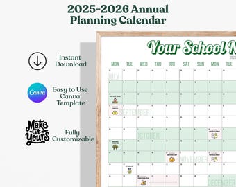 Editable 2025–2026 School Calendar | Canva Template School Year Planner |  PTO PTA Printable Family Planner | 100+ Icons | 3 Sizes Included