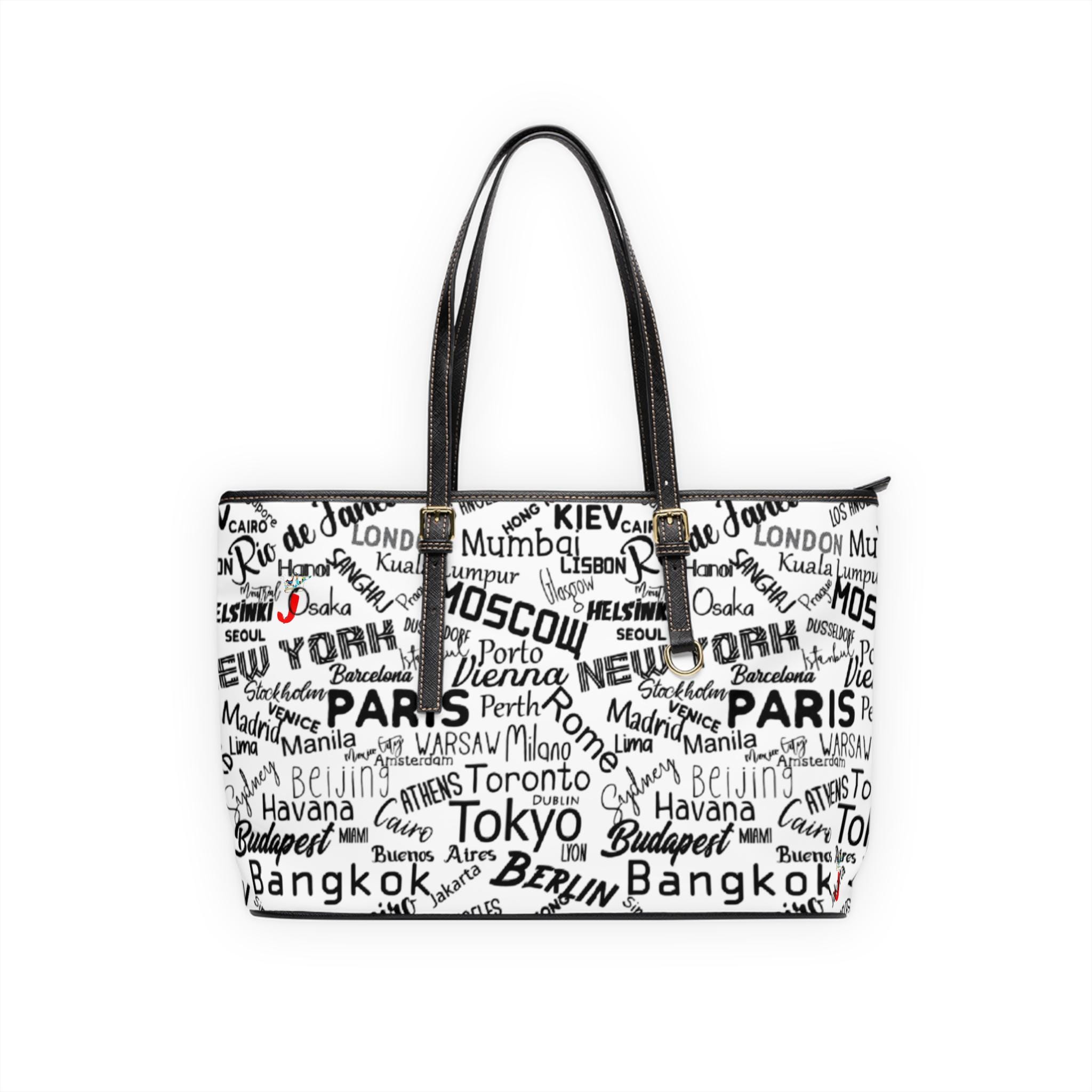 Discover World Cities Typography Leather Tote Bag - Paris Tokyo New York