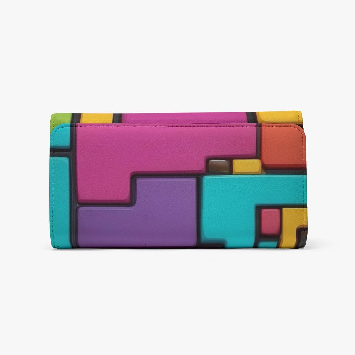 Foldable PU Leather Wallet: Geometric Block Design, Multi-Card Slot (18x10cm)