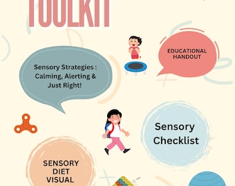 Könnte beinhalten: Ein hellrosa Poster mit dem Titel "Sensory Toolkit" mit Illustrationen eines Kindes auf einem Trampolin, einem Fidget Spinner und einem Pop-it-Spielzeug. Der Text enthält "Sensory Strategies" und "Sensory Checklist".