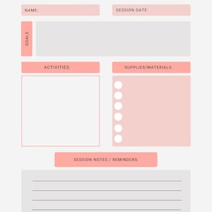 May include: A therapy session planner with the title "THERAPY SESSION" in bold black letters. The planner includes sections for name, session date, goals, activities, supplies/materials, and session notes/reminders. The design features a light pink and white color scheme.