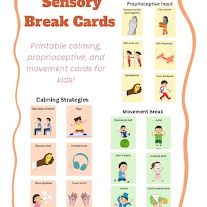 Puede incluir: Un conjunto de "Tarjetas de Descanso Sensorial" con ilustraciones y texto para niños. Las tarjetas se dividen en categorías: Estrategias de Calma, Entrada Propioceptiva y Pausa de Movimiento. Las tarjetas presentan actividades como respiración profunda, yoga y saltos.