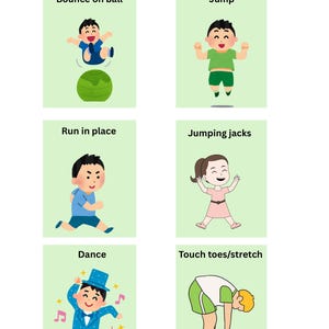 May include: A colorful infographic titled "Movement Break" displays six illustrations of children performing exercises. The exercises include bouncing on a ball, jumping, running in place, jumping jacks, dancing, and touching toes. Each illustration is on a light green background.