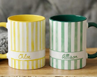 Personalized Striped Ceramic Mug, Custom Name Coffee Cup, Birthday Gift