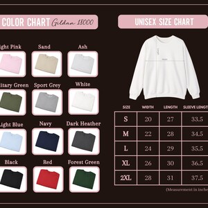 May include: A colour chart for Gildan 18000 sweatshirts, showing shades such as light pink, navy, and forest green. A unisex size chart is included, with measurements in inches for width, length, and sleeve length.