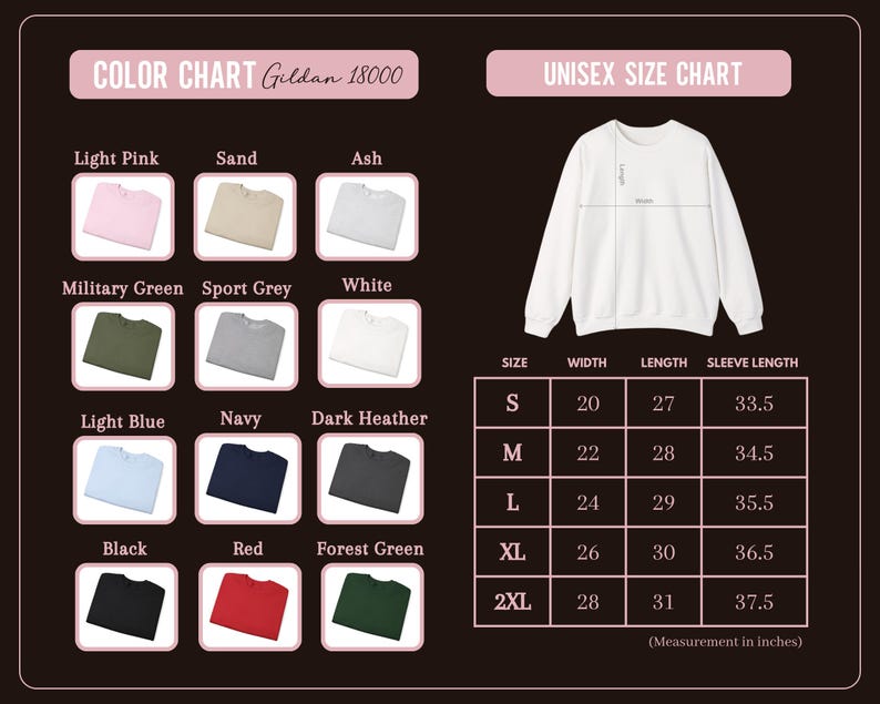 May include: A colour chart for Gildan 18000 sweatshirts, showing shades such as light pink, navy, and forest green. A unisex size chart is included, with measurements in inches for width, length, and sleeve length.
