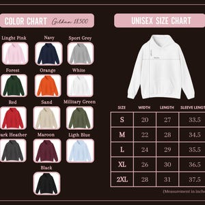 May include: A colour chart and unisex size chart for Gildan 18500 hoodies. The colour chart displays various hoodie colours, including light pink, navy, and forest green. The size chart shows measurements in inches for width, length, and sleeve length.
