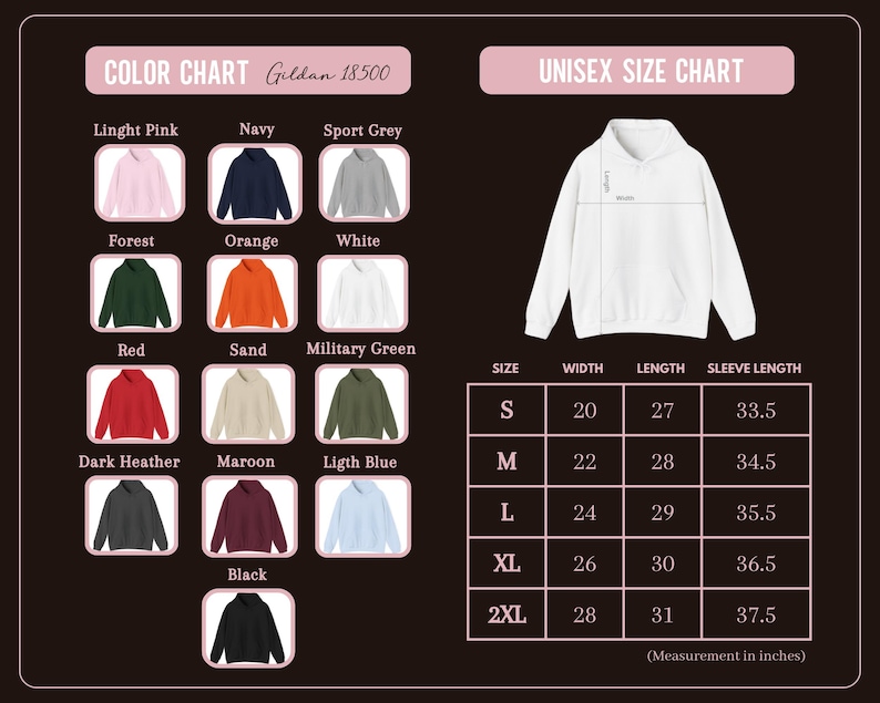 May include: A colour chart and unisex size chart for Gildan 18500 hoodies. The colour chart displays various hoodie colours, including light pink, navy, and forest green. The size chart shows measurements in inches for width, length, and sleeve length.