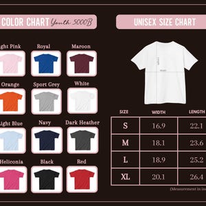 May include: A colour chart for Youth 5000B t-shirts, with colours including light pink, royal blue, and maroon. A unisex size chart shows measurements in inches for sizes S to XL. Widths range from 42.9 cm to 51.1 cm, and lengths from 56.1 cm to 67.1 cm.