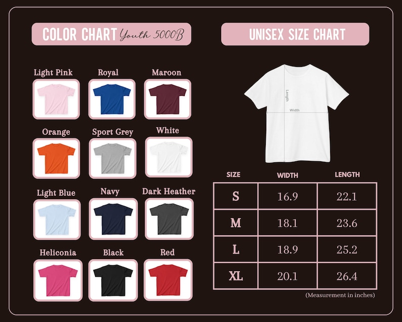 May include: A colour chart for Youth 5000B t-shirts, with colours including light pink, royal blue, and maroon. A unisex size chart shows measurements in inches for sizes S to XL. Widths range from 42.9 cm to 51.1 cm, and lengths from 56.1 cm to 67.1 cm.