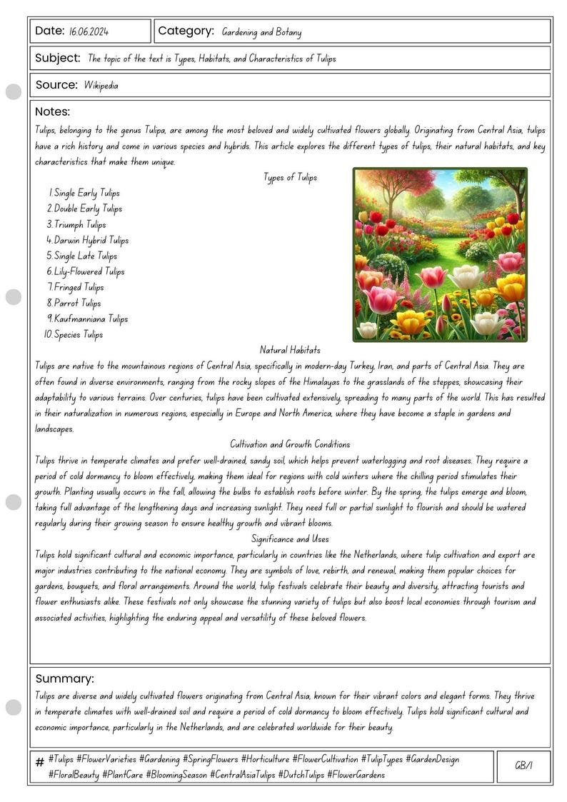 May include: A Wikipedia page discussing tulips, their types, habitats, and cultivation. The text includes a summary, notes, and a list of tulip varieties. An image of a garden with colourful tulips is also present.