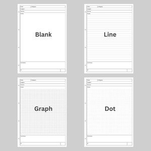 May include: Four white paper sheets with different grid styles: blank, lined, graph, and dotted. Each sheet has a header section for date, category, subject, source, and notes, plus a summary section and a numbered footer.