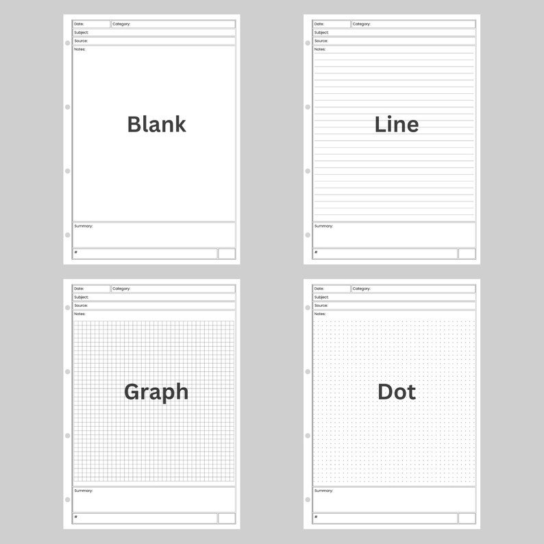 May include: Four white paper sheets with different grid styles: blank, lined, graph, and dotted. Each sheet has a header section for date, category, subject, source, and notes, plus a summary section and a numbered footer.