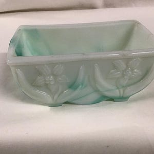 Vintage Akro Agate Marble White Green Slag Glass Planter Floral Trinket Dish