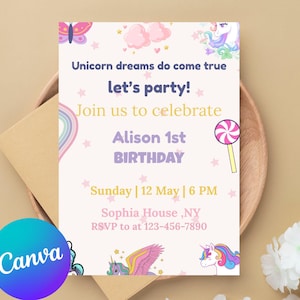 Editable Unicorn Birthday Invitation | Pastel Rainbow Party Invite | Printable Magical Birthday | Girls Digital Download | Instant Template