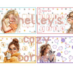 May include: A set of four rectangular cards featuring illustrations of people with cats. The cards include numbered boxes, paw print patterns, and text such as Dobbelen, Sparen, and Krassen. The designs incorporate soft pastel colours, yarn balls, and the text Shelley's cozy corner overlaid across the centre of the image.