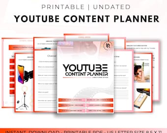 Planificador de contenido de YouTube / Planificador de vídeos, Calendario de contenido, Seguimiento de guiones y publicaciones, Organizador para creadores, Planificador de YouTube imprimible en PDF