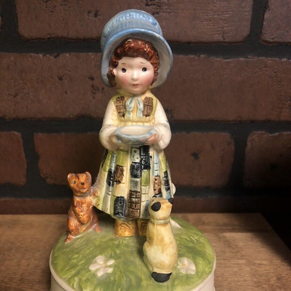 Holly Hobbie Figurine Music Box Girl Feeding Kittens Cats