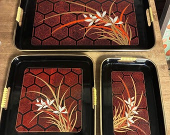 Set of 3 Nesting Lacquerware Serving Trays MCM Japan Black Floral Honeycomb