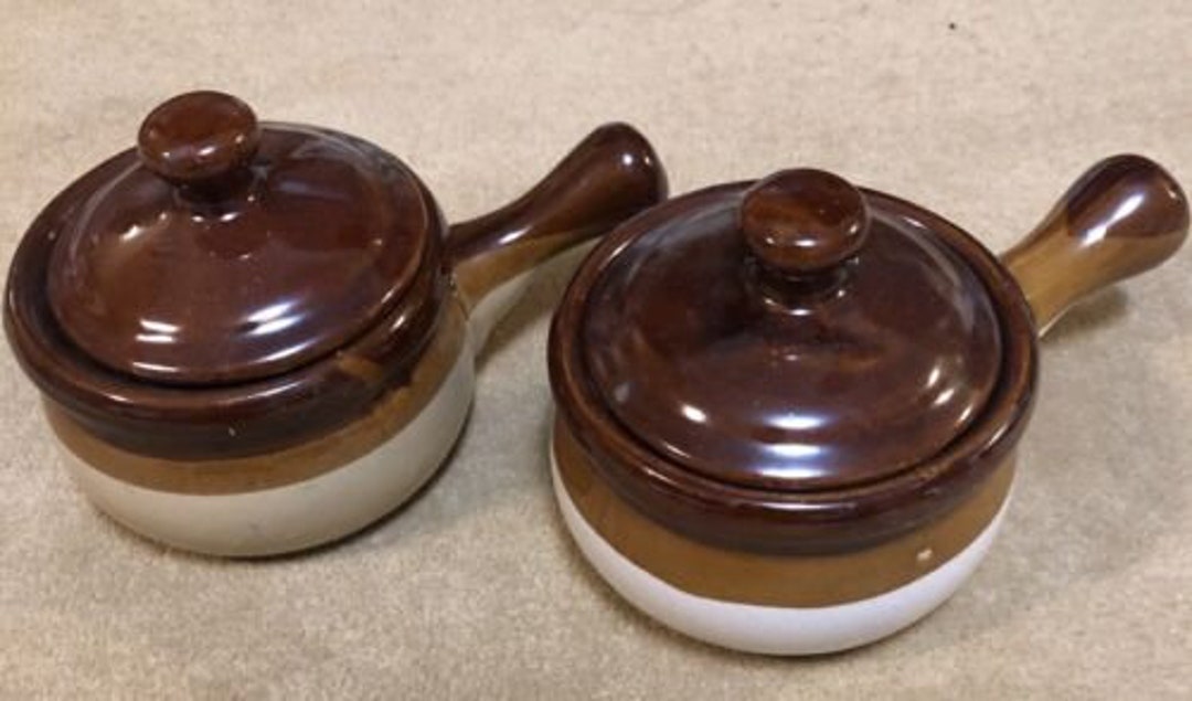Pair French Onion Soup Crock Bowls W/ Lids Handles Etsy