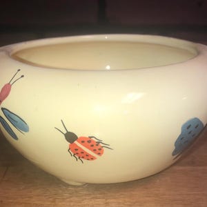 May include: Cream-colored ceramic bowl with a rounded shape and two handles. The bowl is decorated with colorful illustrations of a dragonfly, ladybug, and butterfly. The bowl is likely used for decorative purposes.