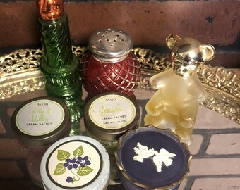 Lot 7 Avon Powder Sachet Bear Perfume Bottle Green Candle Red Glass