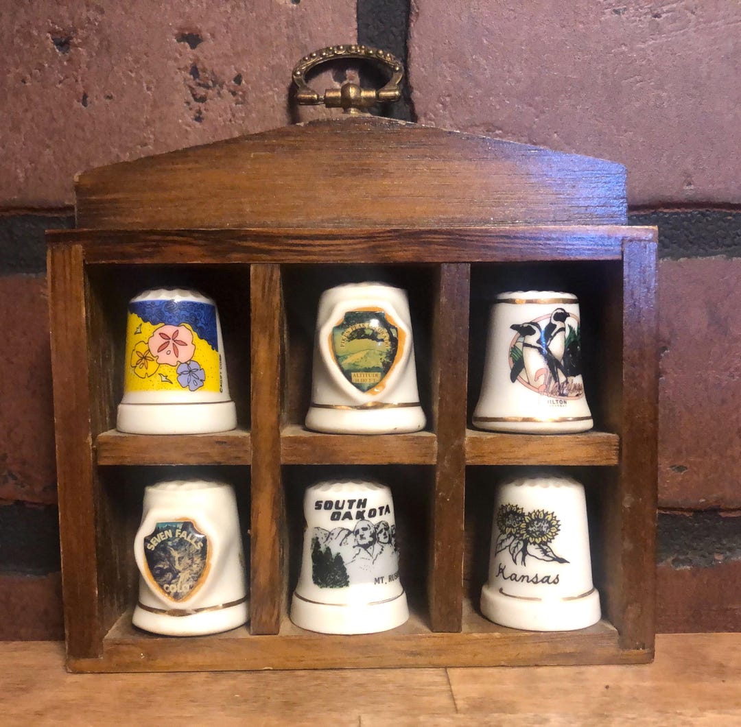 Vintage Wooden Thimble Box Display Case Holder + 6 Kansas Colorado ...