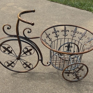 May include: A bronze-colored metal plant stand shaped like a vintage tricycle. It features a large front wheel with fleur-de-lis spokes, a curved handlebar, and a circular wire basket at the rear with a fleur-de-lis rim and a small back wheel.