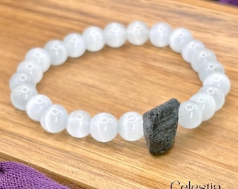 Selenite & Raw Black Tourmaline Beaded Bracelet | Natural Gemstone Crystal Stacking Jewellery