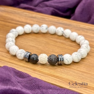 Pulsera de howlita, hematita y cuentas de lava / Joyería de fragancias con cristales de piedras preciosas naturales / Difusor de aceites esenciales