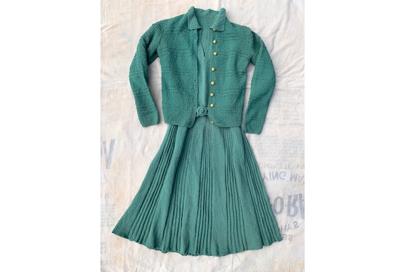 Vintage 1940's Green Knit Wool Set, 40's Knitwear