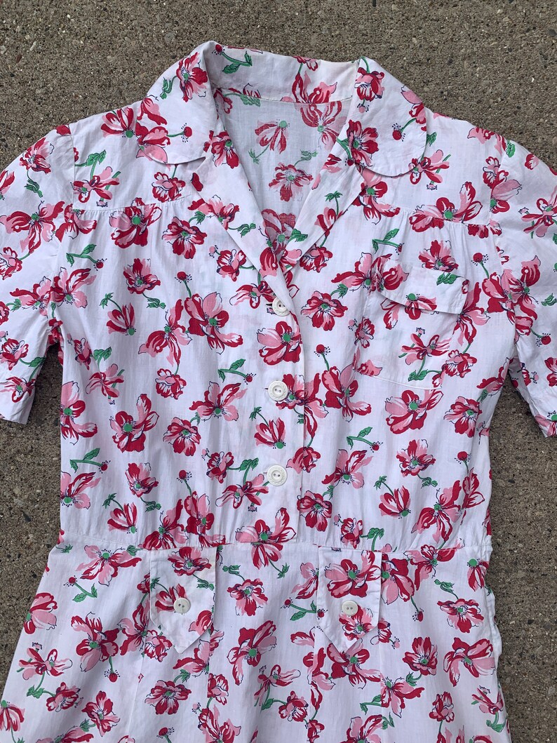 Summer 30/'s 40/'s Short Sleeve Women/'s Vintage Late 1930/'s 1940/'s Cotton Floral Button Up Day Dress