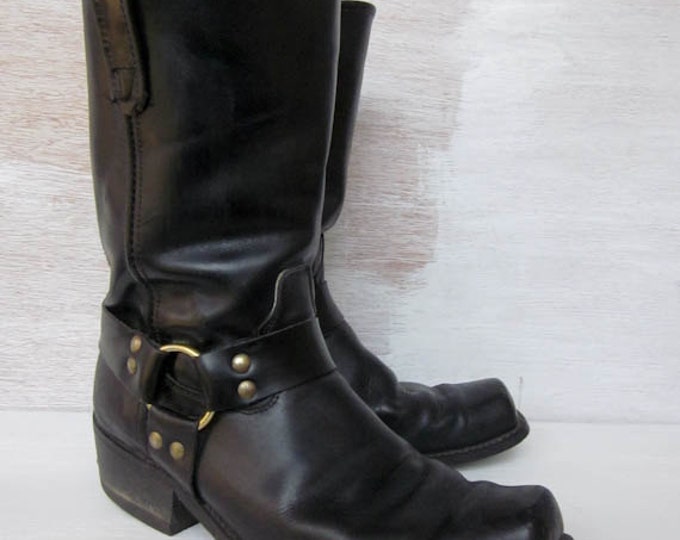 Vintage 70's Black Leather Motorcycle Boots Tall Men's Size 10 Made in ...