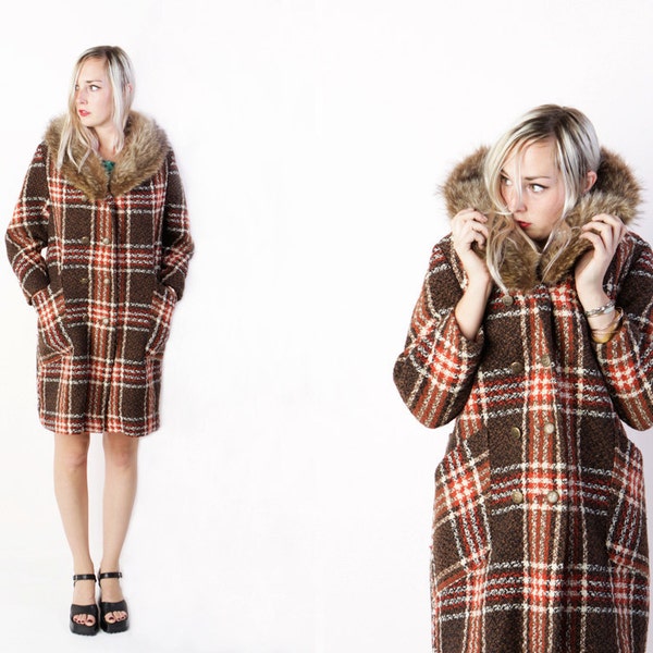 vintage 70's plaid wool and mink fur collared winter coat retro boho earth tones women's medium large