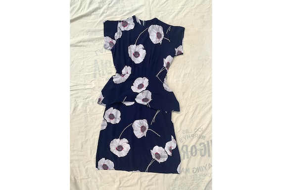 Vintage 1940's Rayon Floral Dress, Navy Blue and W