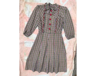 Vintage 1930's Taffeta Plaid Party Dress with Wooden Buttons and Bow Collar, Women's 30's Holidays Glam