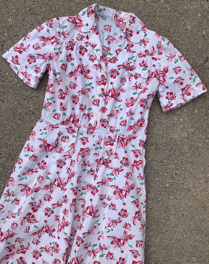 Summer 30/'s 40/'s Short Sleeve Women/'s Vintage Late 1930/'s 1940/'s Cotton Floral Button Up Day Dress