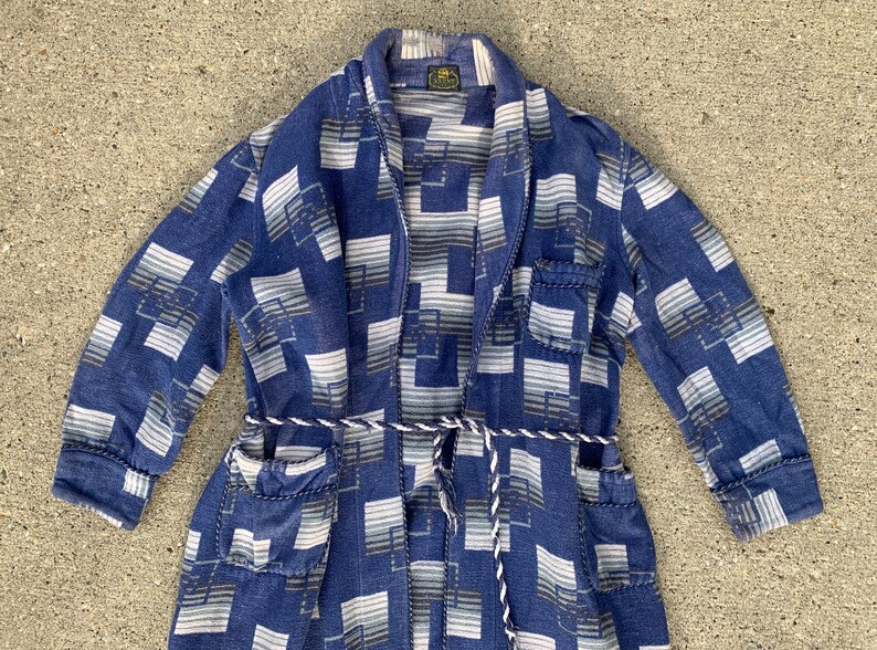 Vintage 1930/'s Blue Abstract Beacon Robe by Brent Belted Loungewear 30/'s Deco Unisex Adults Smoking Jacket