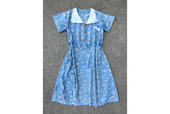 Vintage 1930's Blue Floral Feedsack Dress, Collare