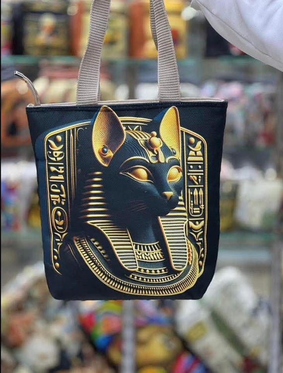 Egyptian Cat Goddess Tote – Linen Shoulder Bag, Pharaoh Art, Cultural Fashion Travel Tote